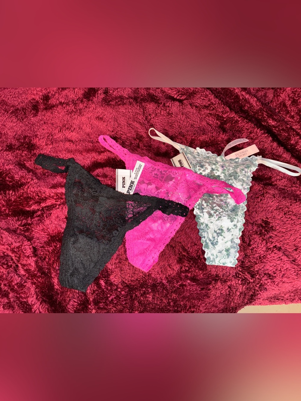 PINK Victoria's Secret Lace Thong Trio - Hot Pink, Black, Light Green